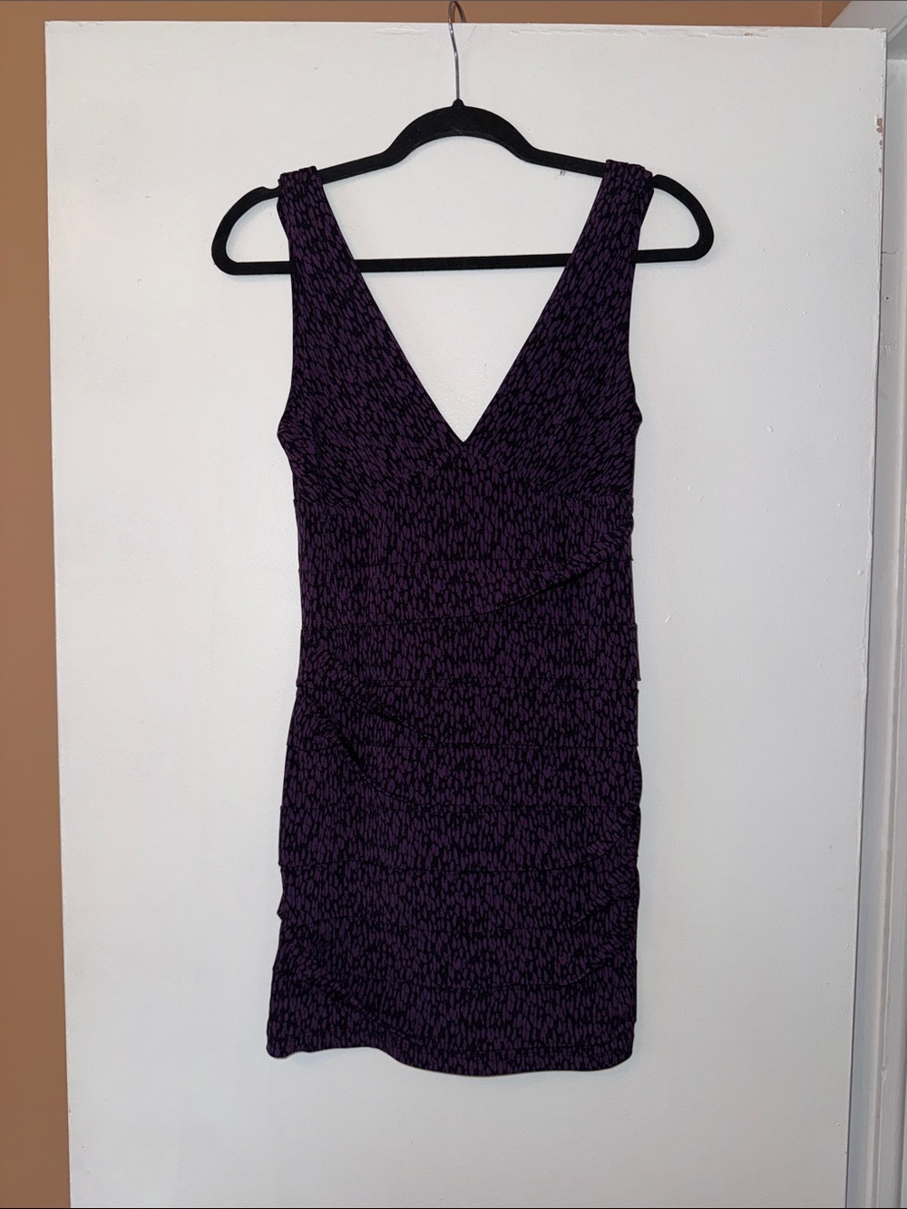 BCBG Sleeveless V-Neck Mini Dress in Deep Purple with pattern and ruching